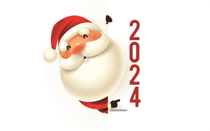 새해 복 많이 받으세요 2024, 4k, 산타 클로스, 흰 바탕, 2024 새해 복 많이 받으세요 2024, 2024 개념, 산타 클로스의 인사, 산타 클로스와의 배경