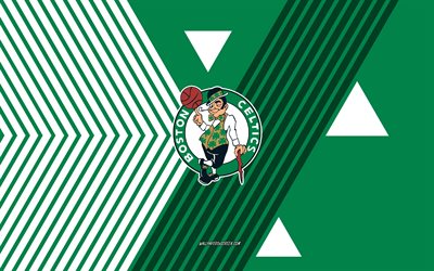 logo boston celtics, 4k, équipe de basket ball américaine, contexte des lignes blanches vertes, boston celtics, nba, etats unis, ligne d'art, boston celtics emblem, basket ball