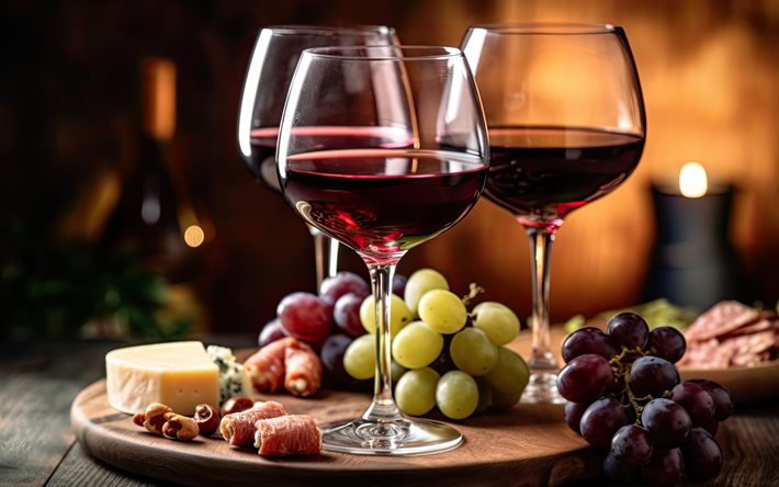 vino tinto, vasos de vino, jamón, conceptos de vino, uvas, antecedentes con vino, antecedentes para el menú de vinos