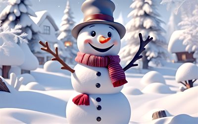 bonhomme de neige, hiver, matin, neige, snowman 3d, mémoire de dessin animé 3d, chiffres de neige, contexte avec un bonhomme de neige