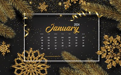4k, 2024 januari kalender, svart och guld julbakgrund, 2024 koncept, januari, gyllene juldekorationer, januari 2024 bakgrund, 2024 kalendrar, gyllene snöflingor