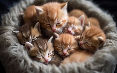 小さな赤い子猫, 小さな猫, かわいい動物, 子猫, 小動物, ペット, 猫, バスケットの中の子猫