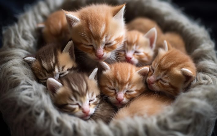 pequenos gatinhos vermelhos, pequenos gatos, animais fofos, gatinhos, animais pequenos, animais de estimação, gatos, gatinhos em uma cesta