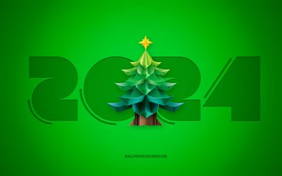 4k, 明けましておめでとう2024, 緑の背景, 3dクリスマスツリー, 2024概念, 2024年明けましておめでとうございます, 2024年のクリスマスツリーの背景, 2024テンプレート