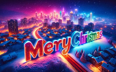 Merry Christmas, 4k, 3D art, new years eve, new years cityscape, christmas night, Happy New Year, Christmas, winter concepts, snowman, snowfall, cartoon winter