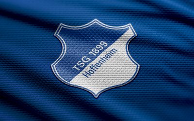 tsg 1899 हॉफेनहेम फैब्रिक लोगो, 4k, नीले कपड़े की पृष्ठभूमि, bundesliga, bokeh, फुटबॉल, टीएसजी 1899 हॉफेनहेम लोगो, फ़ुटबॉल, टीएसजी 1899 हॉफेनहेम प्रतीक, टीएसजी 1899 हॉफेनहाइम, जर्मन फुटबॉल क्लब, हॉफेनहेम एफसी