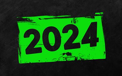 4k, 2024 새해 복 많이 받으세요, 녹색 그런지 숫자, 회색 돌 배경, 2024 개념, 2024 초록 숫자, 새해 복 많이 받으세요 2024, 그런지 예술, 2024 녹색 배경, 2024 년