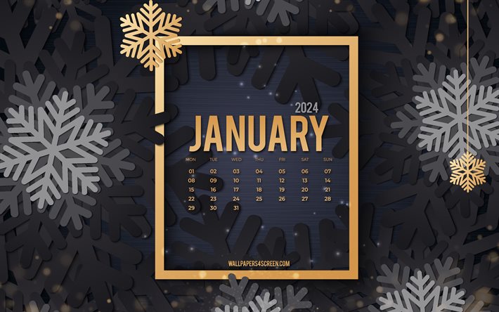 2024 januari kalender, 4k, svart bakgrund med snöflingor, vintermörkmall, januari 2024 kalender, januari, 2024 koncept, 2024 kalendrar, mörk 3d snöflingor bakgrund