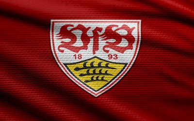 vfb stuttgart fabric logo, 4k, rött tygbakgrund, bundesliga, bok, fotboll, vfb stuttgart  logotyp, vfb stuttgart emblem, vfb stuttgart, tysk fotbollsklubb, stuttgart fc