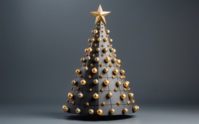 3D Christmas tree, black Christmas tree, golden decorations, Happy New Year, Merry Christmas, background with 3D Christmas tree