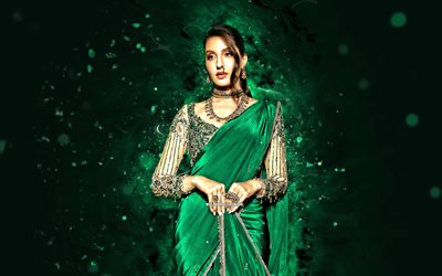 Nora Fatehi, 4k, green neon lights, canadian celebrity, Bollywood, movie stars, fan art, pictures with Nora Fatehi, canadian actress, Nora Fatehi 4K