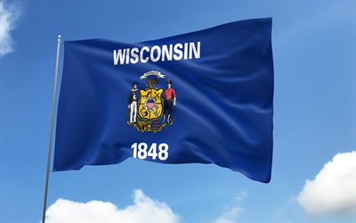 Wisconsin flag on flagpole, 4K, american states, blue sky, flag of Wisconsin, wavy satin flags, Wisconsin flag, US States, flagpole with flags, United States, Day of Wisconsin, USA, Wisconsin