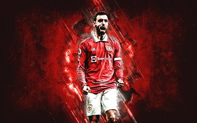 Bruno Fernandes, Manchester United FC, Portuguese football player, midfielder, red stone background, Manchester United captain, football, England