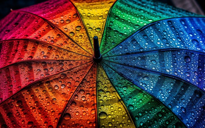 guarda  chuva multicolorido, conceitos de cores diferentes, chuva, guarda  chuvas, guarda  chuva arco  íris, pingos de chuva