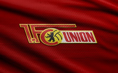 fc union berlin fabric logo, 4k, contexte de tissu rouge, bundesliga, bokeh, football, logo fc union berlin, fc union berlin emblem, fc union berlin, club de football allemand, union berlin fc