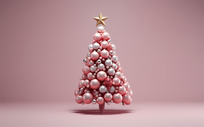 Christmas pink tree, Merry Christmas, Christmas greeting card, Happy New Year, Christmas 3D tree, 3D balls Christmas tree