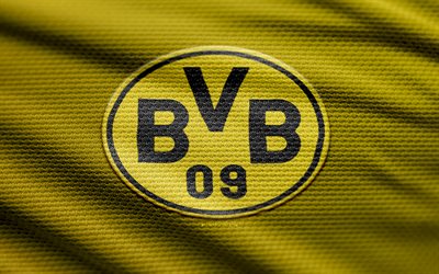 Borussia Dortmund fabric logo, 4k, yellow fabric background, Bundesliga, bokeh, soccer, Borussia Dortmund logo, football, Borussia Dortmund emblem, Borussia Dortmund, german football club, BVB, Borussia Dortmund FC