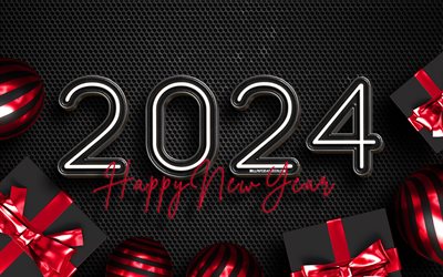 2024 on metal grid, 4k, 2024 Happy New Year, 3D digits, 3D balloons, gift boxes, 2024 year, artwork, 2024 concepts, 2024 3D digits, Happy New Year 2024, black metal grid, 2024 metal background