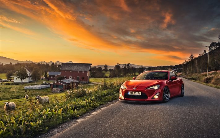 sportcars, coupe, 2015, Toyota GT86, Toyota rojo, puesta del sol, carretera
