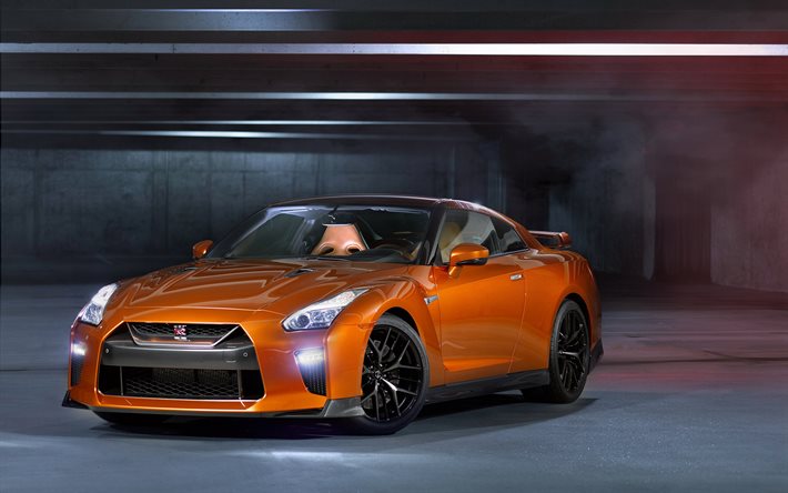Nissan GT-R, 2017, orange, sports car, black wheels, new cars, Nissan