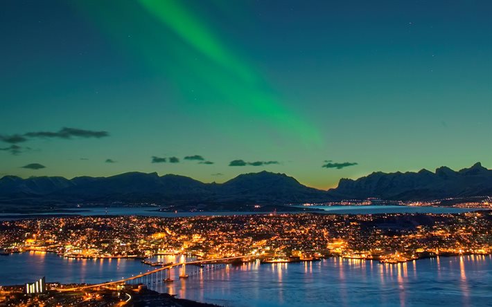 noruega, aurora boreal, montanhas, paisagem noturna