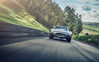 Jaguar E-Type, retro cars, carretera, supercars, desenfoque de movimiento Jaguar