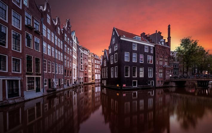 Amsterdam, puesta de sol, noche, puente, países Bajos