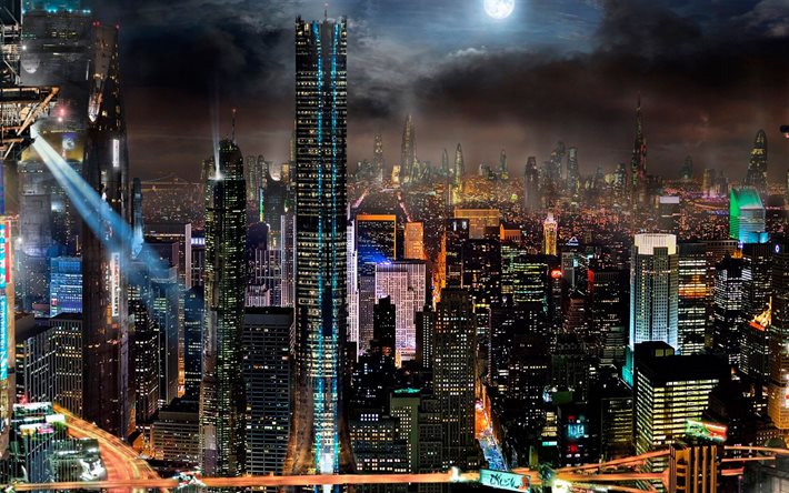 アジア, 夜景, 高層ビル群, 建物, 月