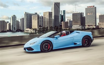 el movimiento, la carretera, 2016, Lamborghini Huracan Spyder, LP 610-4, supercars, azul Huracan