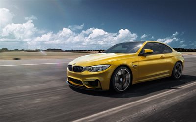 el movimiento, de carretera, de 2016, el BMW M4 Coupé, F82, amarillo bmw