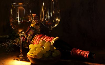 Wine, grapes, glass of wine, bottle, evening