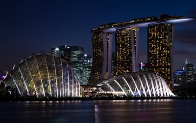मरीना बे सैंड्स, nightscapes, इमारतों, तटबंध, सिंगापुर