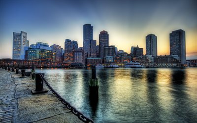 America, skyscrapers, evening city, river, waterfront, Boston, USA, HDR
