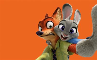 Zootopia, characters, 2016, Disney, orange background