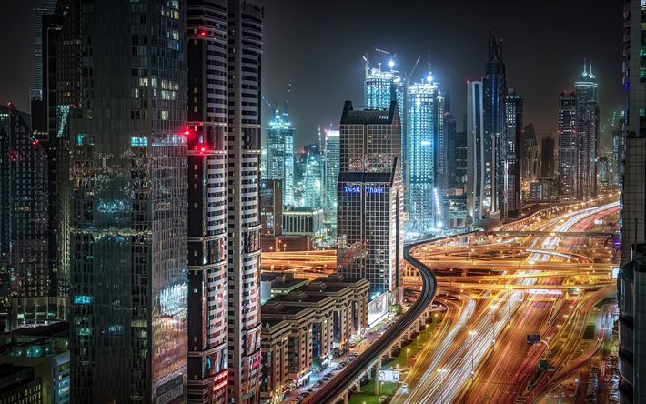 UAE, traffic lights, Dubai, skyscrapers, roads, night
