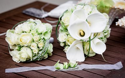 ブライダルブーケ, 結婚式の花束, 白花束, カラ蓮, バラ, 白い花, 白バラの花