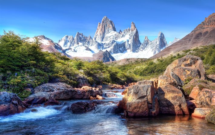 la montagne, le Chili, l'été, la Patagonie, les rochers, rivière de montagne