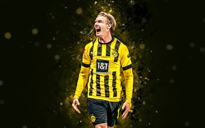 Julian Brandt, 4k, yellow neon lights, Borussia Dortmund FC, german footballers, BVB, Julian Brandt 4K, yellow abstract background, soccer, Bundesliga, football, Julian Brandt BVB