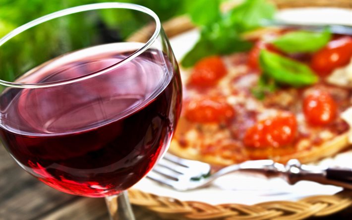 rotwein, glas, pizza, italienische küche