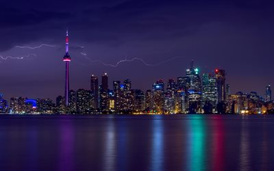 Toronto, notte, panorama, fulmine, Ontario, Canada