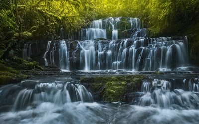cachoeira, floresta, selva, bela cachoeira, rio, árvores verdes, cachoeiras