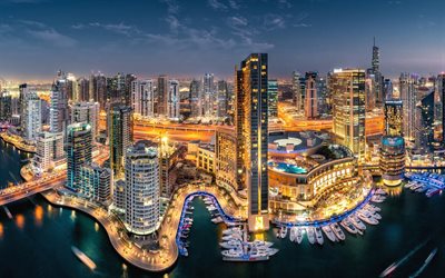 दुबई, संयुक्त अरब अमीरात, रात, गगनचुंबी इमारतों, आधुनिक इमारतों, दुबई पैनोरमा, दुबई रात में, राजधानी, दुबई शहर का दृश्य