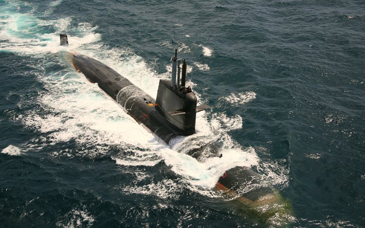 ins kalvari, s21, vista superior, submarino de ataque diesel-eléctrico, submarino indio, marina india, ins kalvari en el mar, submarinos