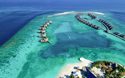 जुमेराह विट्टावेलीक, मालदीव, सागर, उष्णकटिबंधीय द्वीप समूह, पानी के ऊपर के बंगले, सहारा लेना, फ़िरोज़ा लैगून, हवाई दृश्य, गर्मी, छुट्टी