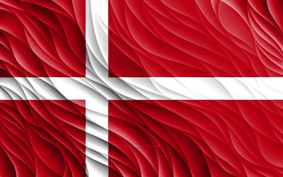 4k, デンマークの旗, 波状の3dフラグ, ヨーロッパ諸国, デンマークの日, 3d波, ヨーロッパ, デンマークの国家のシンボル, デンマーク