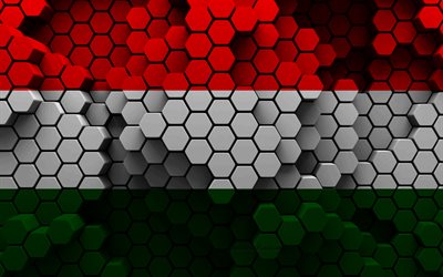 4k, ハンガリーの旗, 3d六角形の背景, ハンガリーの3dフラグ, ハンガリーの日, 3d六角形テクスチャ, ハンガリーの国家のシンボル, ハンガリー, 3dハンガリーの旗, ヨーロッパ諸国