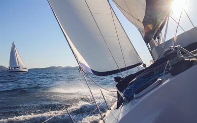 white sailboat, white sails, Massachusetts Bay, Nantucket race week, Atlantic Ocean, sailing regatta, sailboats at sea, Massachusetts, USA