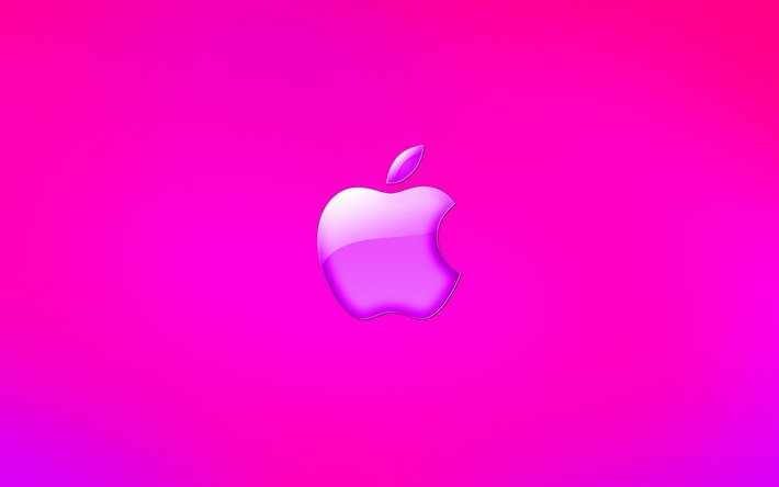 apples logotyp i glas, 4k, kreativ, lila bakgrunder, apple, minimalism, apples lila logotyp, konstverk, apples logotyp