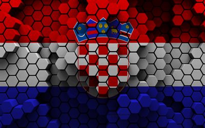 4k, kroatian lippu, 3d kuusikulmio tausta, kroatia 3d lippu, kroatian päivä, 3d kuusikulmio tekstuuri, kroatian kansalliset symbolit, kroatia, 3d kroatian lippu, euroopan maat
