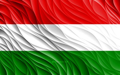 4k, 헝가리 국기, 물결 모양의 3d 플래그, 유럽 국가, 헝가리의 국기, 헝가리의 날, 3d 파도, 유럽, 헝가리 국가 상징, 헝가리